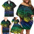 Floral Polynesian Hibiscus Tattoo Family Matching Off Shoulder Short Dress and Hawaiian Shirt Green Gradient Style