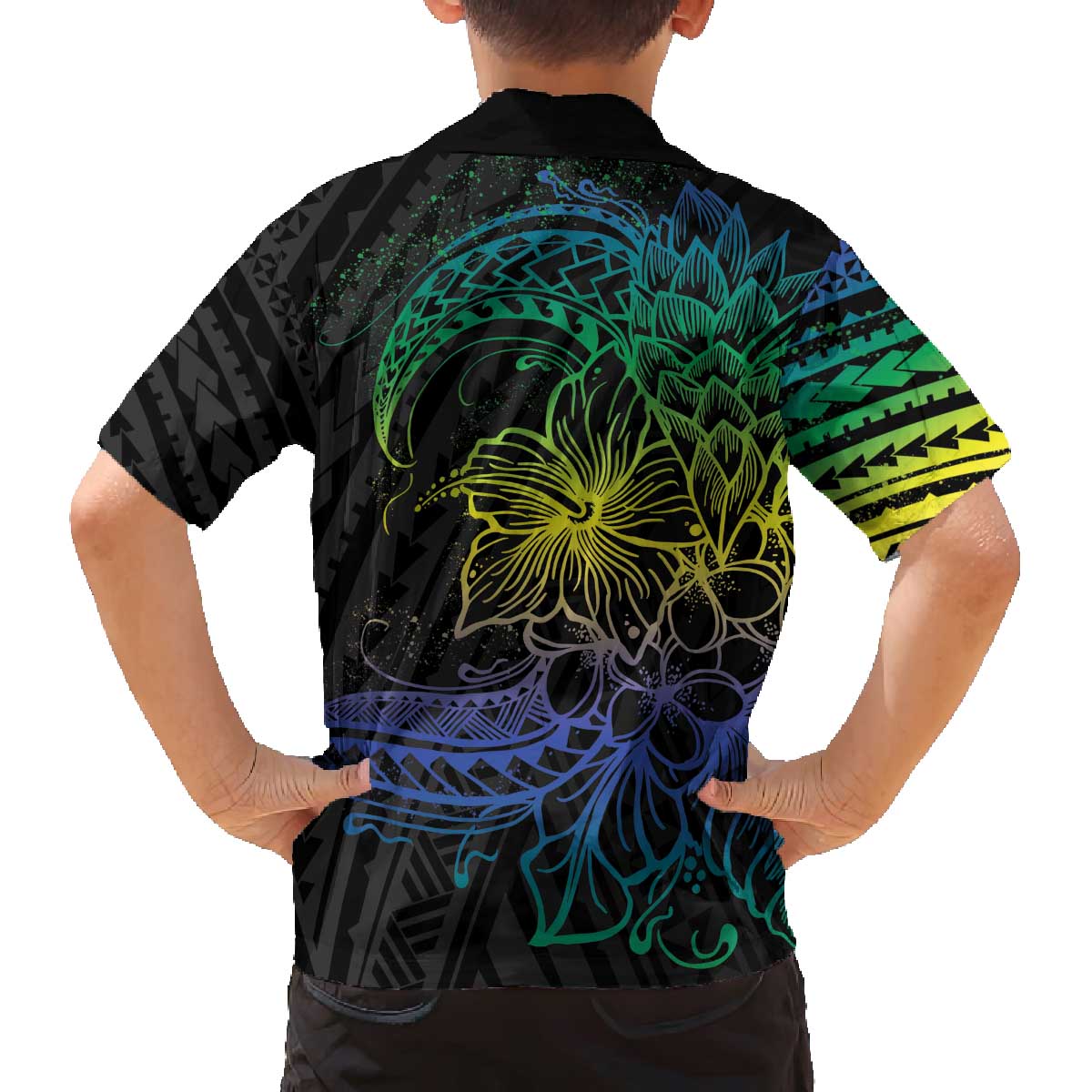 Floral Polynesian Hibiscus Tattoo Family Matching Puletasi and Hawaiian Shirt Green Gradient Style LT9 - Polynesian Pride