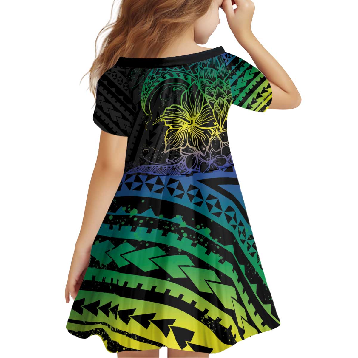 Floral Polynesian Hibiscus Tattoo Family Matching Puletasi and Hawaiian Shirt Green Gradient Style LT9 - Polynesian Pride