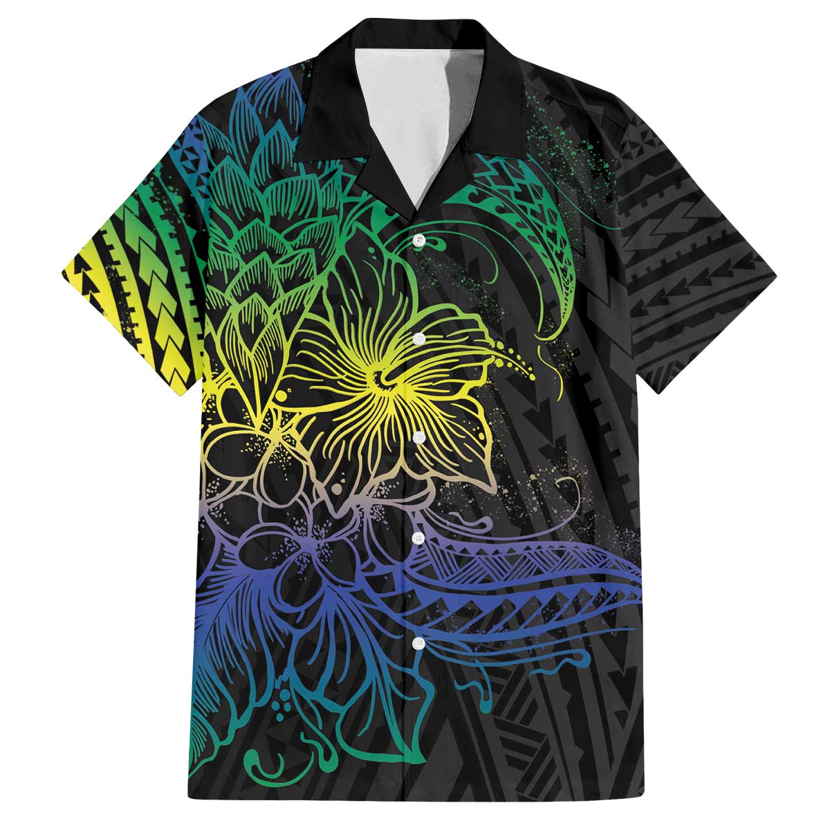 Floral Polynesian Hibiscus Tattoo Family Matching Puletasi and Hawaiian Shirt Green Gradient Style LT9 Dad's Shirt - Short Sleeve Green - Polynesian Pride