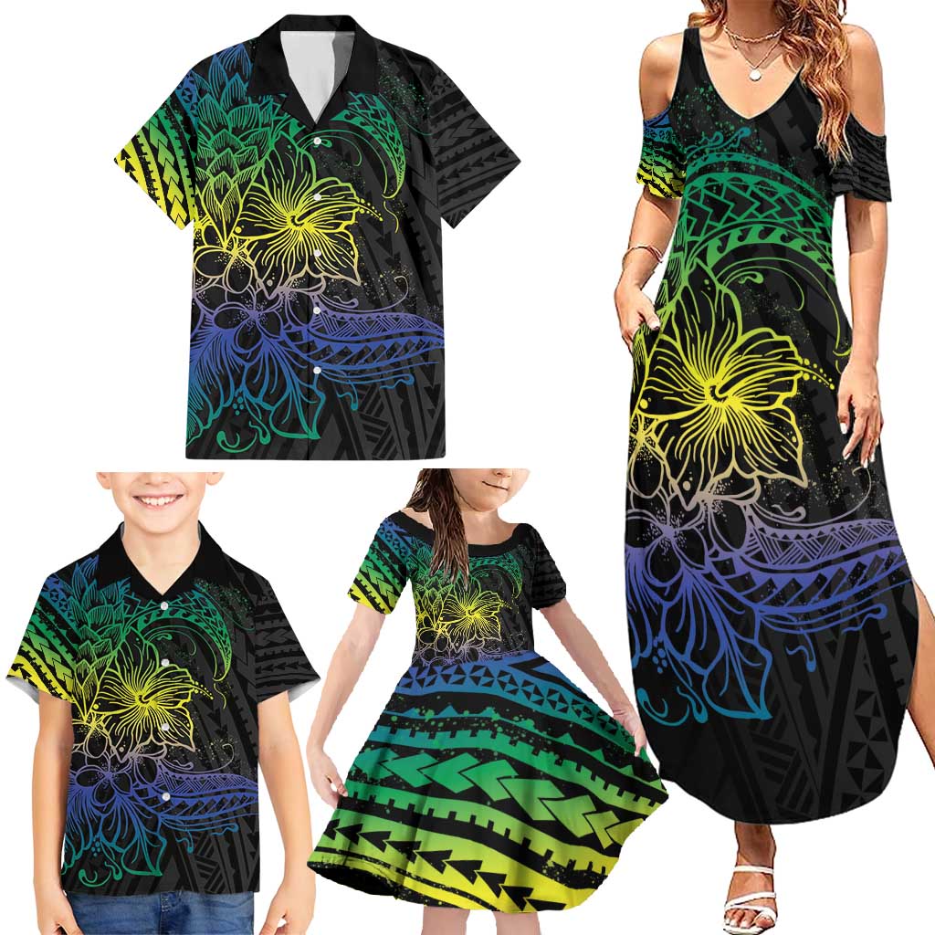 Floral Polynesian Hibiscus Tattoo Family Matching Summer Maxi Dress and Hawaiian Shirt Green Gradient Style LT9 - Polynesian Pride