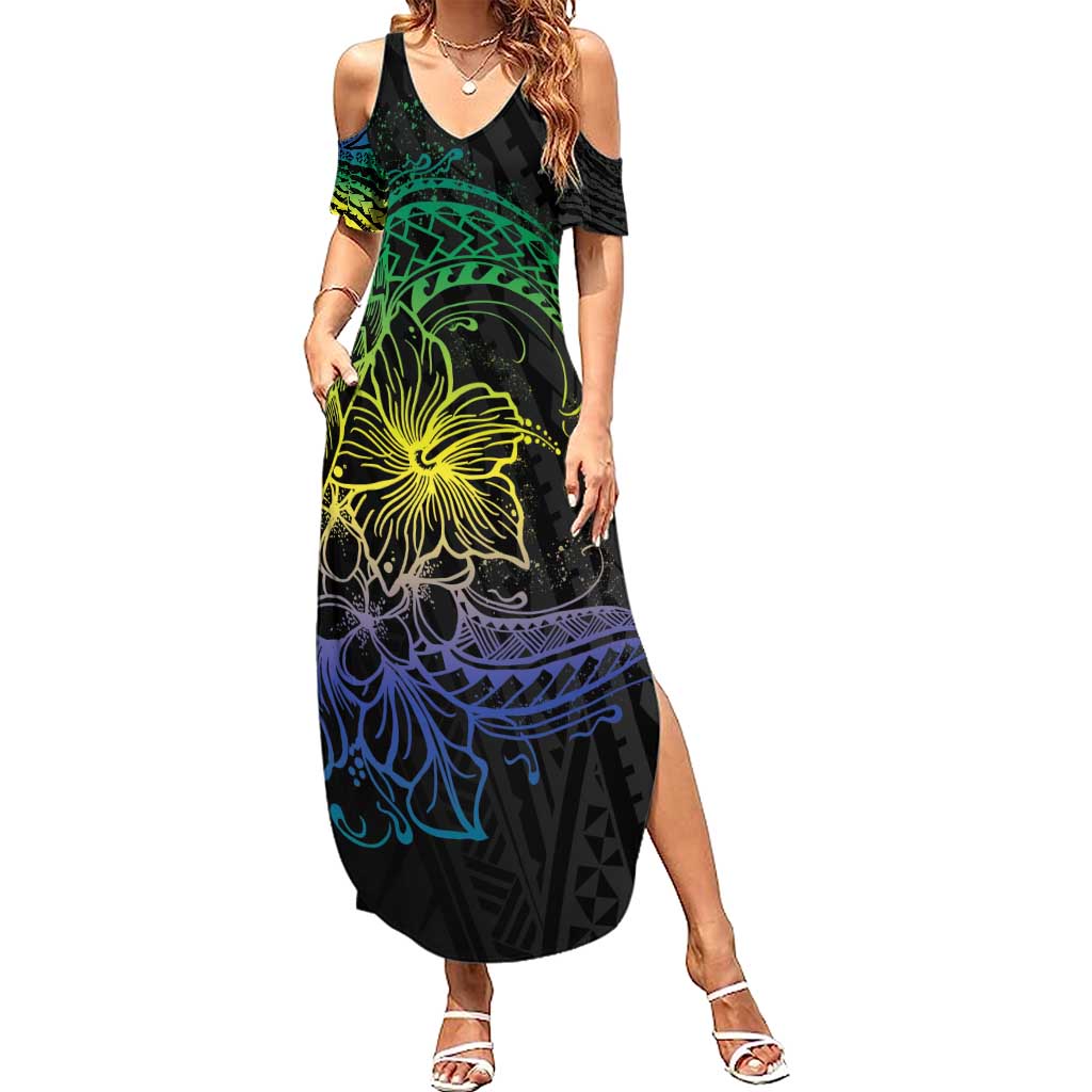 Floral Polynesian Hibiscus Tattoo Family Matching Summer Maxi Dress and Hawaiian Shirt Green Gradient Style LT9 Mom's Dress Green - Polynesian Pride