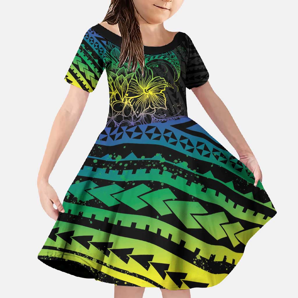 Floral Polynesian Hibiscus Tattoo Family Matching Tank Maxi Dress and Hawaiian Shirt Green Gradient Style