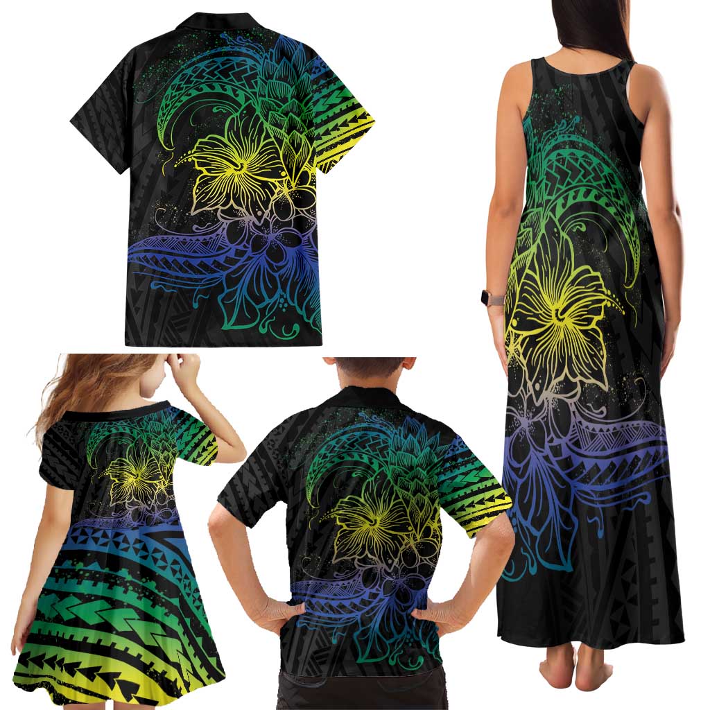 Floral Polynesian Hibiscus Tattoo Family Matching Tank Maxi Dress and Hawaiian Shirt Green Gradient Style