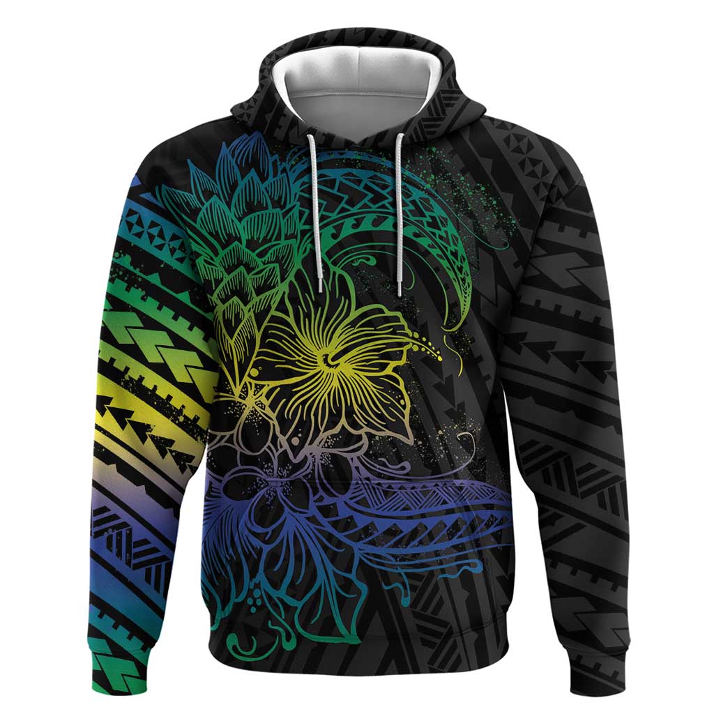 Floral Polynesian Hibiscus Tattoo Hoodie Green Gradient Style