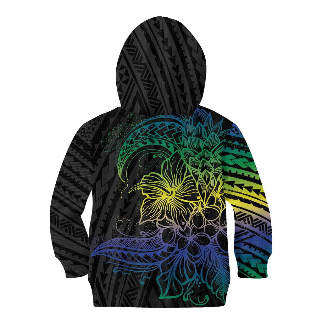 Floral Polynesian Hibiscus Tattoo Kid Hoodie Green Gradient Style