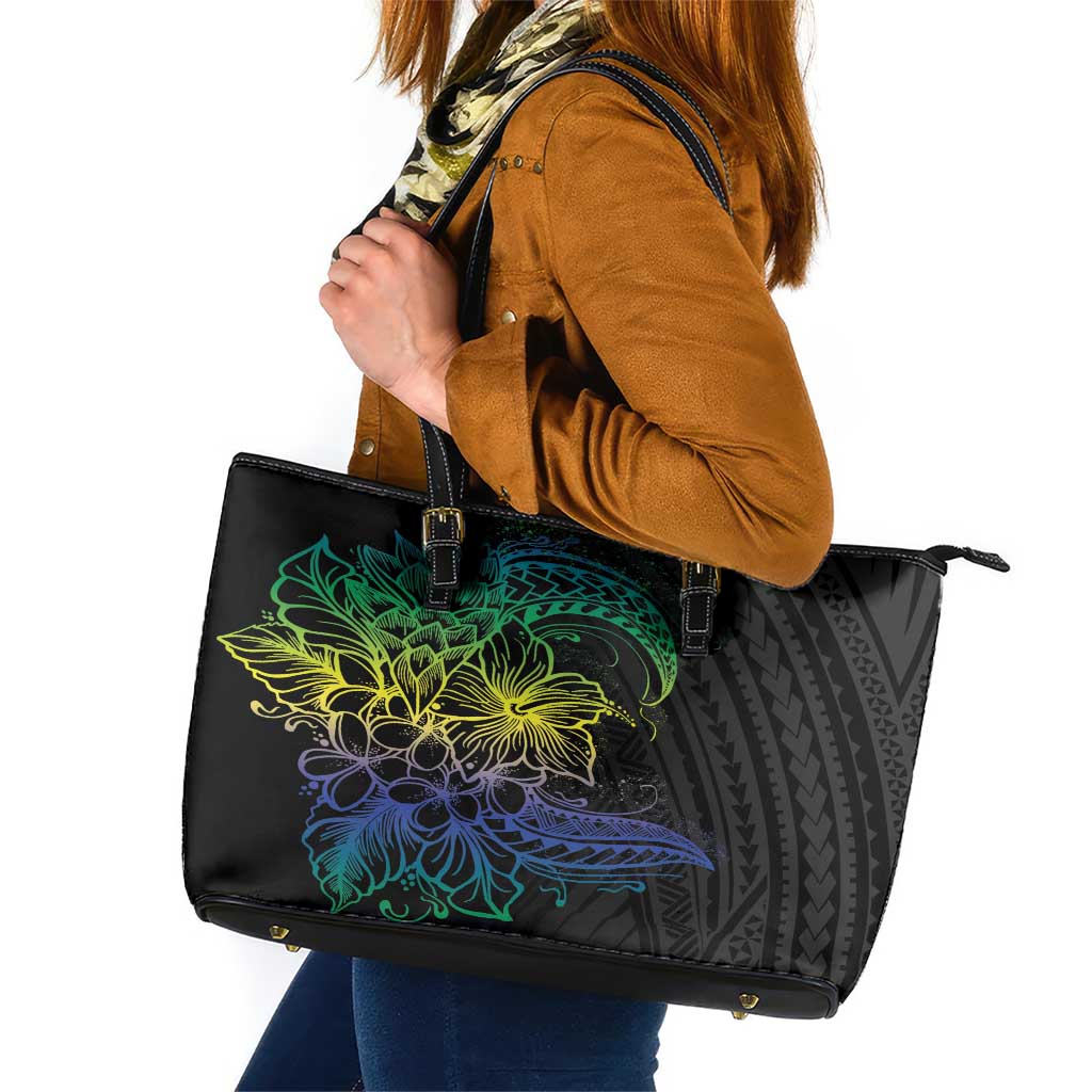 Floral Polynesian Hibiscus Tattoo Leather Tote Bag Green Gradient Style LT9 Green - Polynesian Pride