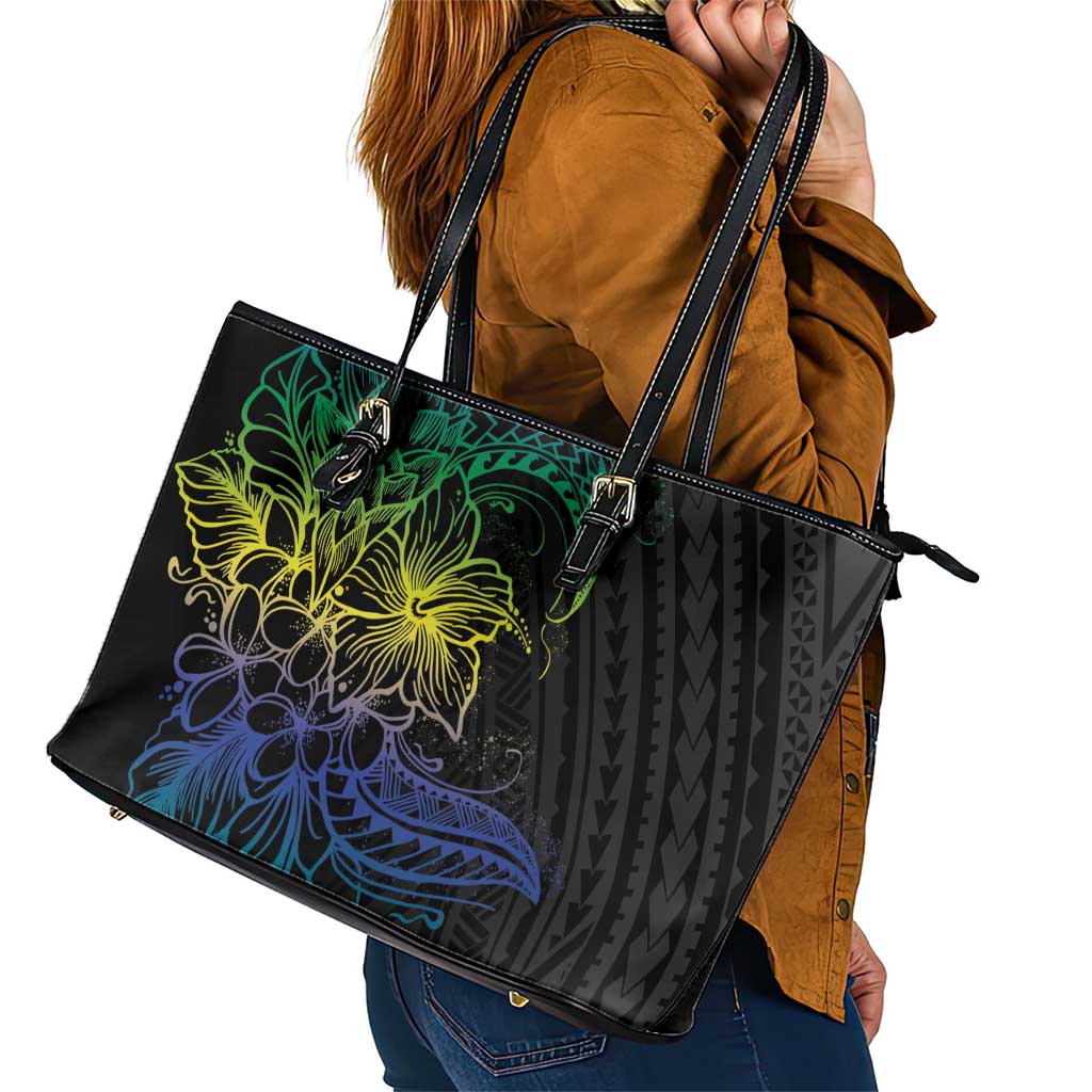 Floral Polynesian Hibiscus Tattoo Leather Tote Bag Green Gradient Style LT9 - Polynesian Pride
