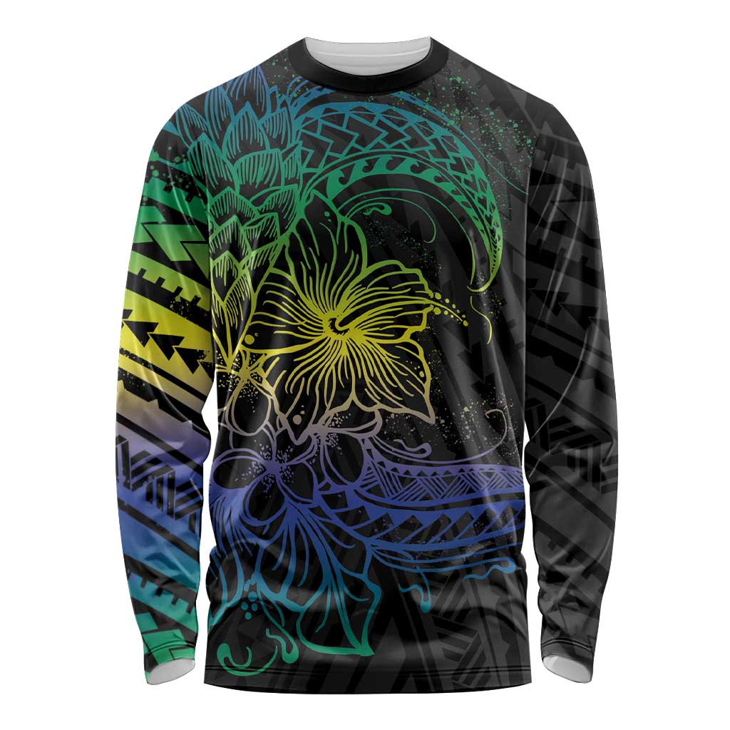 Floral Polynesian Hibiscus Tattoo Long Sleeve Shirt Green Gradient Style