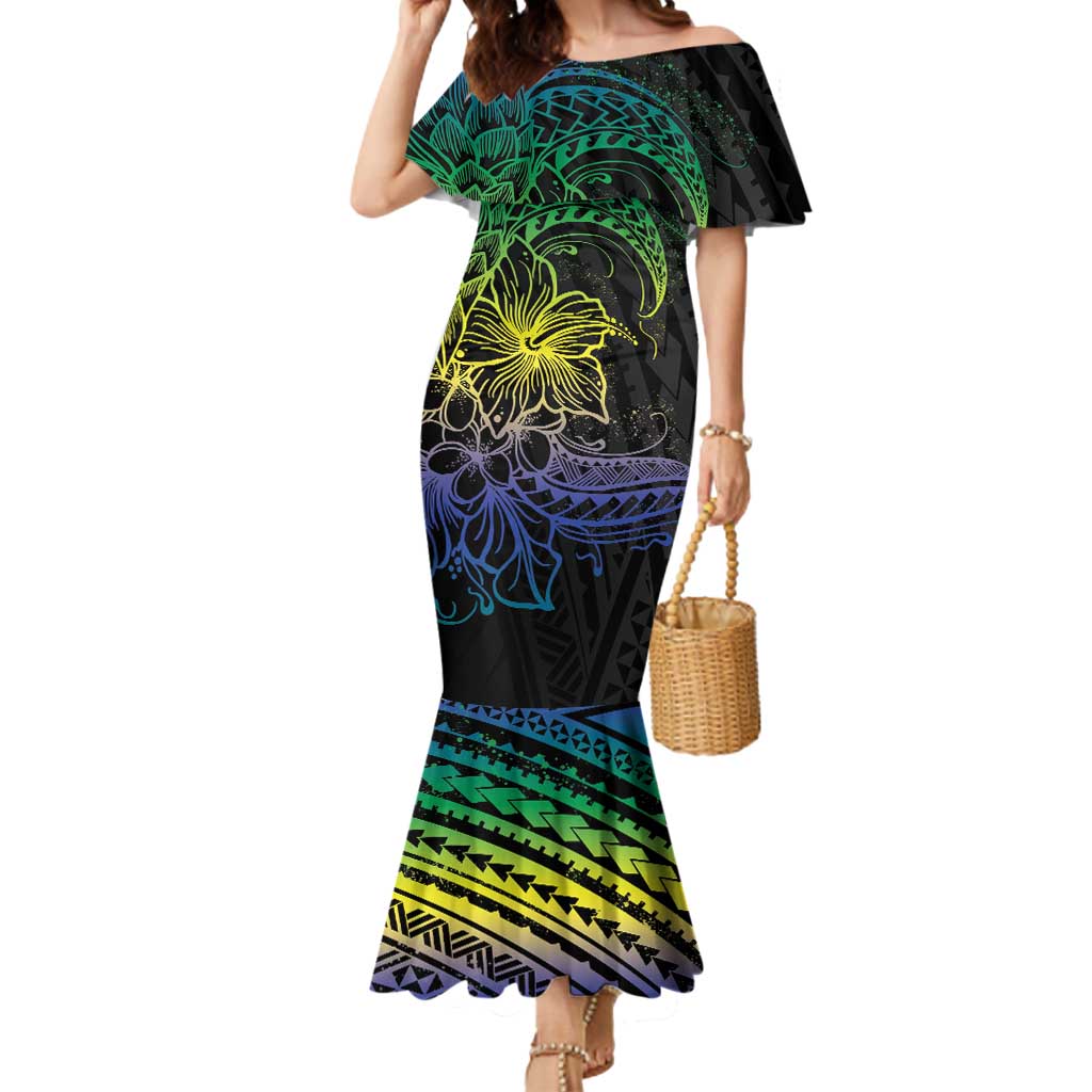 Floral Polynesian Hibiscus Tattoo Mermaid Dress Green Gradient Style