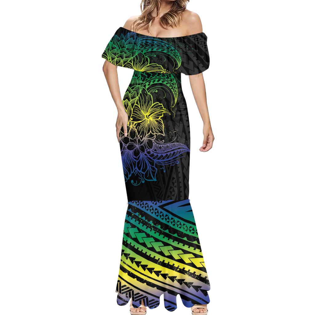 Floral Polynesian Hibiscus Tattoo Mermaid Dress Green Gradient Style