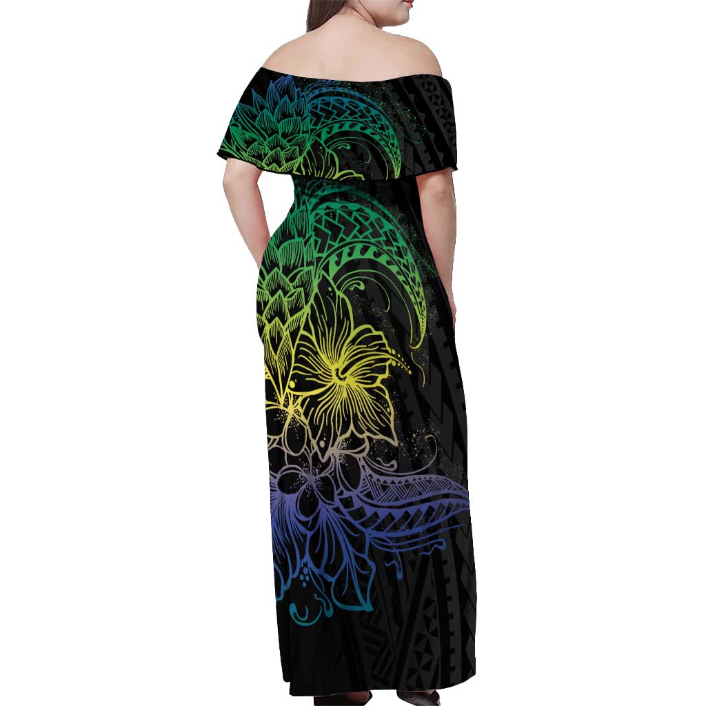 Floral Polynesian Hibiscus Tattoo Off Shoulder Maxi Dress Green Gradient Style LT9 - Polynesian Pride