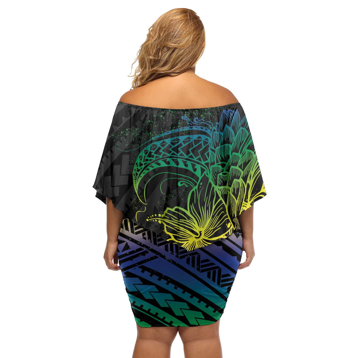 Floral Polynesian Hibiscus Tattoo Off Shoulder Short Dress Green Gradient Style LT9 - Polynesian Pride