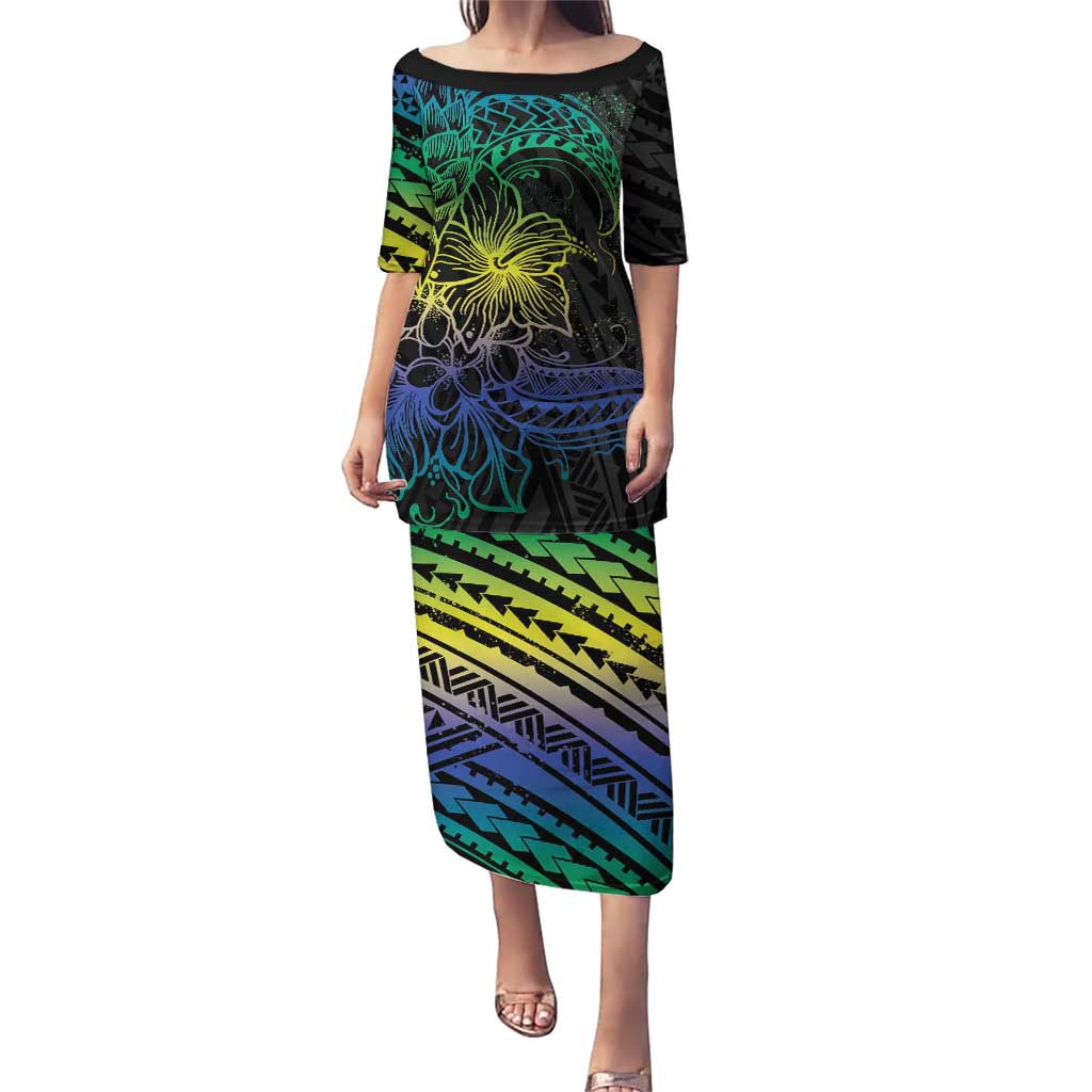 Floral Polynesian Hibiscus Tattoo Puletasi Green Gradient Style LT9 Long Dress Green - Polynesian Pride