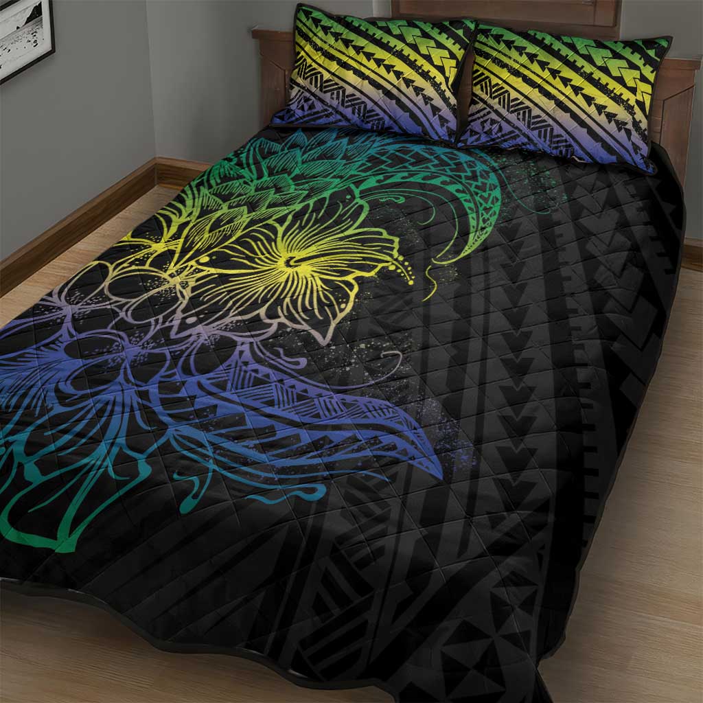 Floral Polynesian Hibiscus Tattoo Quilt Bed Set Green Gradient Style LT9 - Polynesian Pride