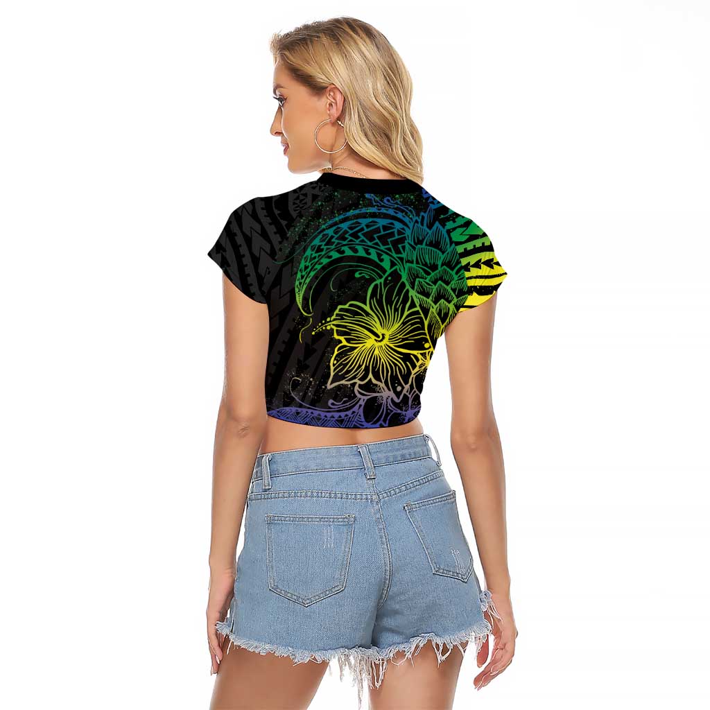Floral Polynesian Hibiscus Tattoo Raglan Cropped T Shirt Green Gradient Style LT9 - Polynesian Pride