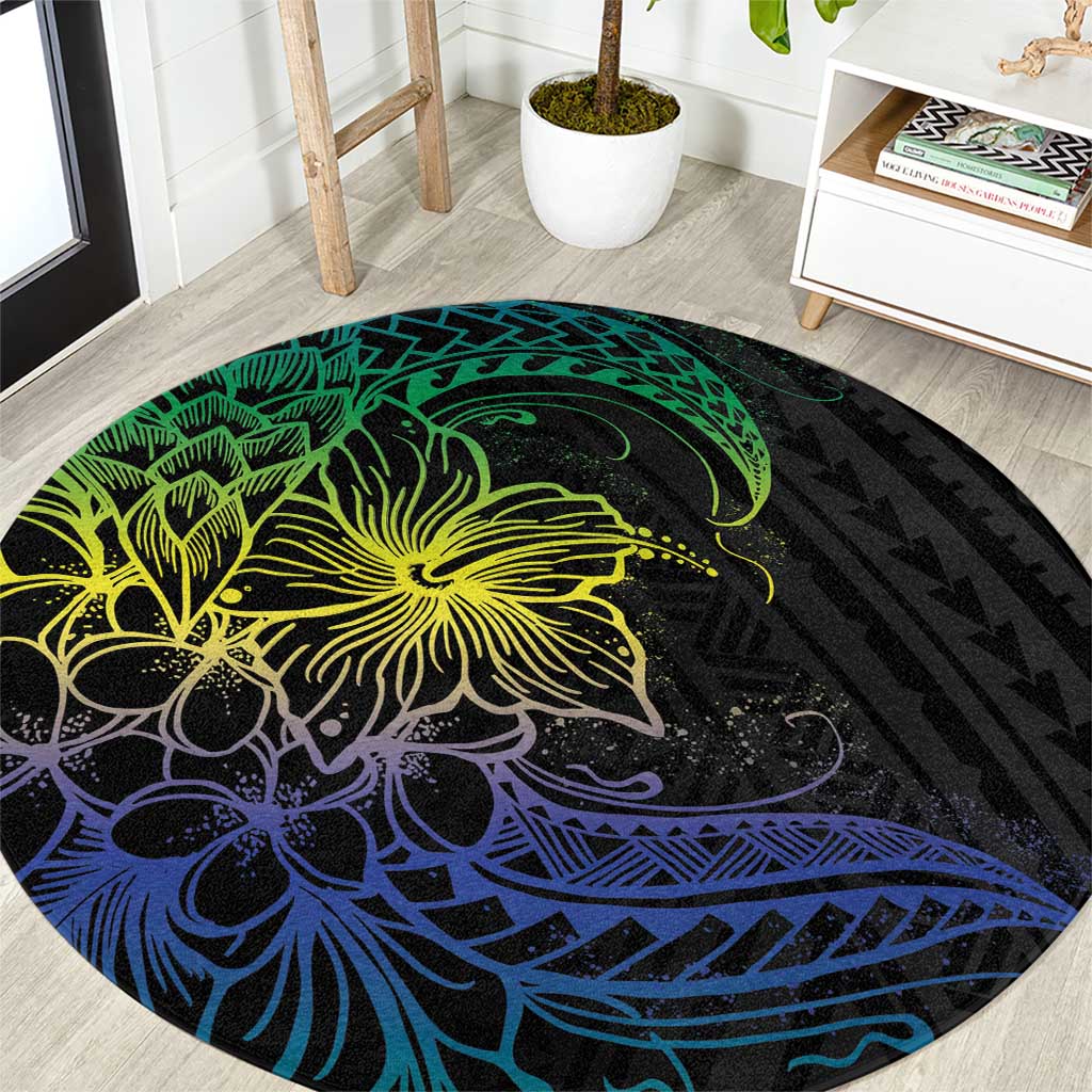 Floral Polynesian Hibiscus Tattoo Round Carpet Green Gradient Style