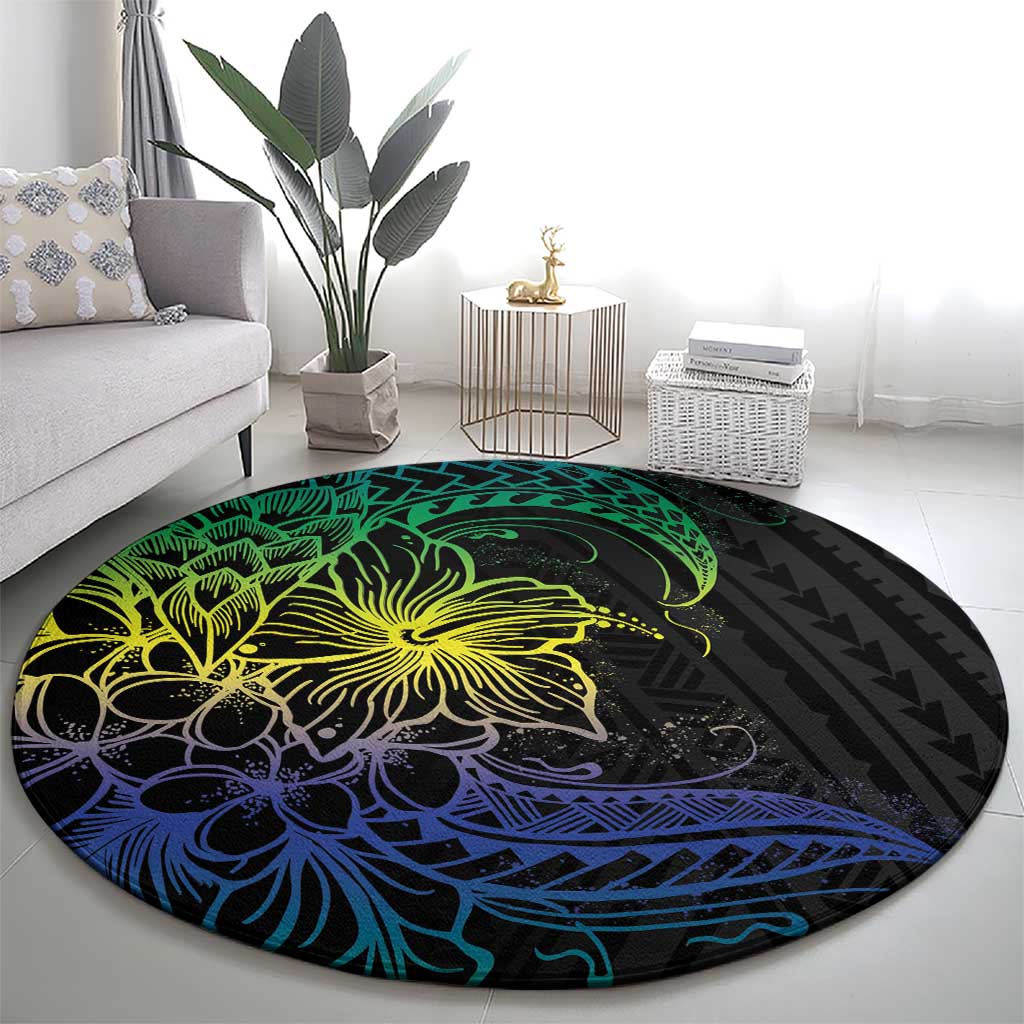 Floral Polynesian Hibiscus Tattoo Round Carpet Green Gradient Style