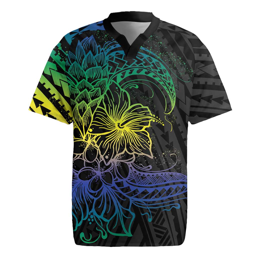 Floral Polynesian Hibiscus Tattoo Rugby Jersey Green Gradient Style LT9 Green - Polynesian Pride