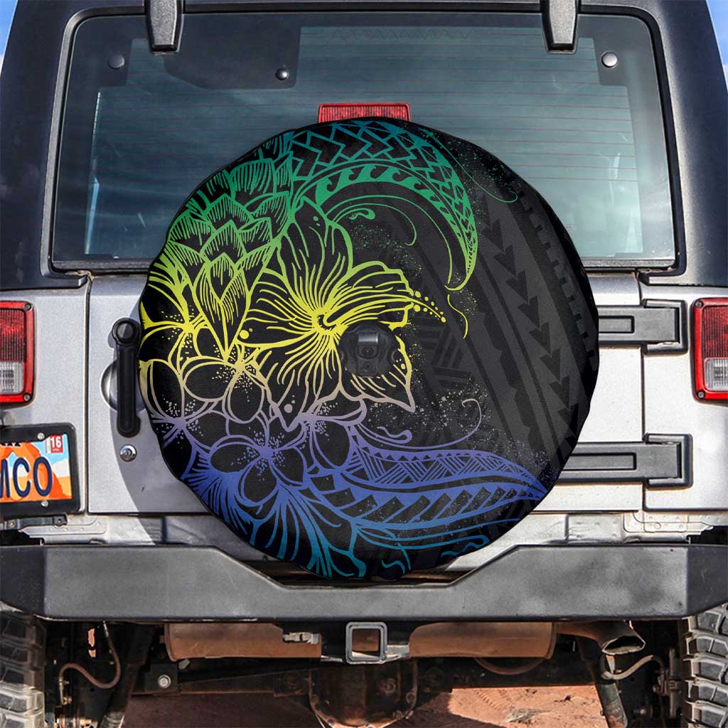 Floral Polynesian Hibiscus Tattoo Spare Tire Cover Green Gradient Style