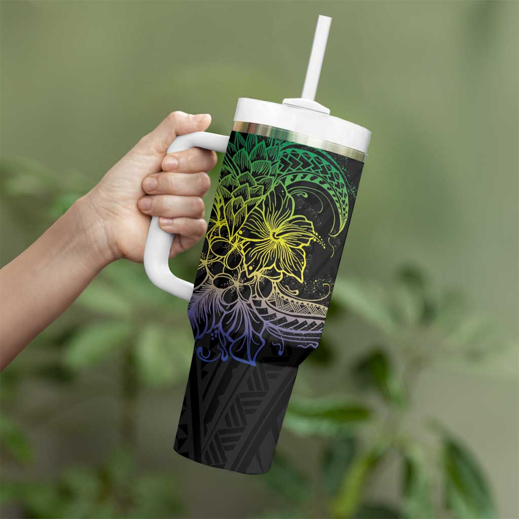 Floral Polynesian Hibiscus Tattoo Tumbler With Handle Green Gradient Style LT9 - Polynesian Pride