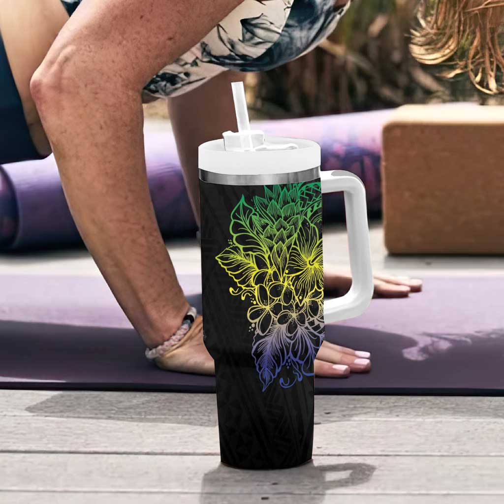 Floral Polynesian Hibiscus Tattoo Tumbler With Handle Green Gradient Style LT9 - Polynesian Pride