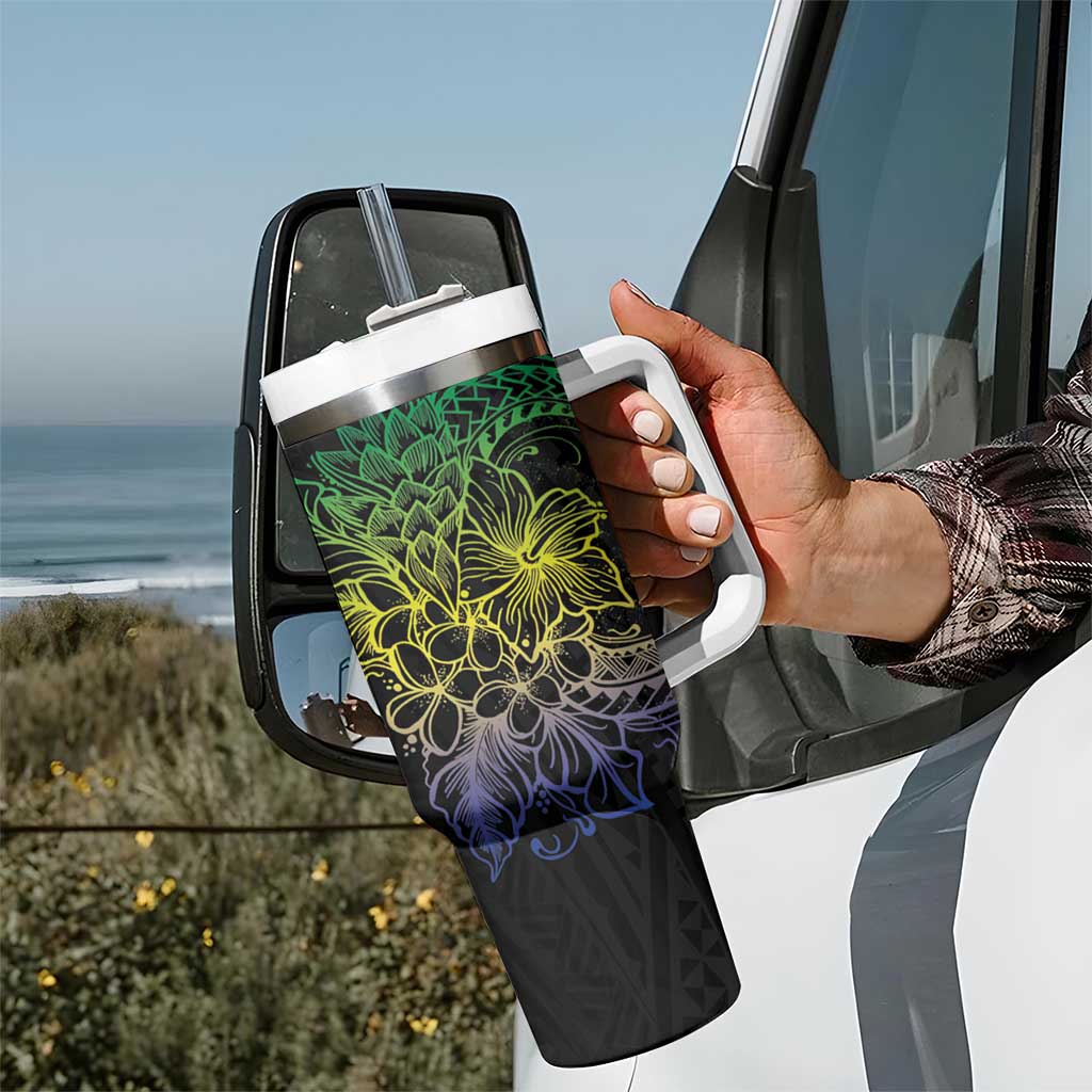 Floral Polynesian Hibiscus Tattoo Tumbler With Handle Green Gradient Style LT9 - Polynesian Pride