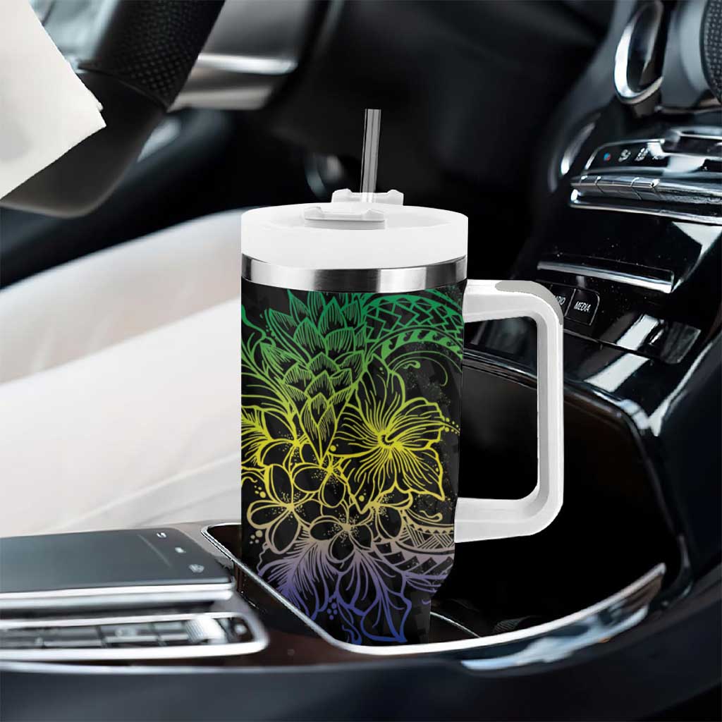 Floral Polynesian Hibiscus Tattoo Tumbler With Handle Green Gradient Style LT9 - Polynesian Pride