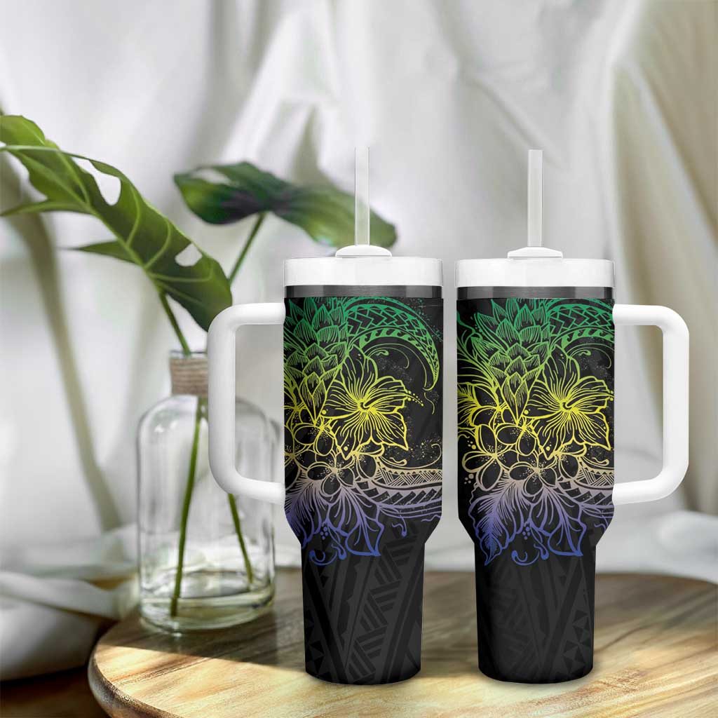 Floral Polynesian Hibiscus Tattoo Tumbler With Handle Green Gradient Style LT9 - Polynesian Pride