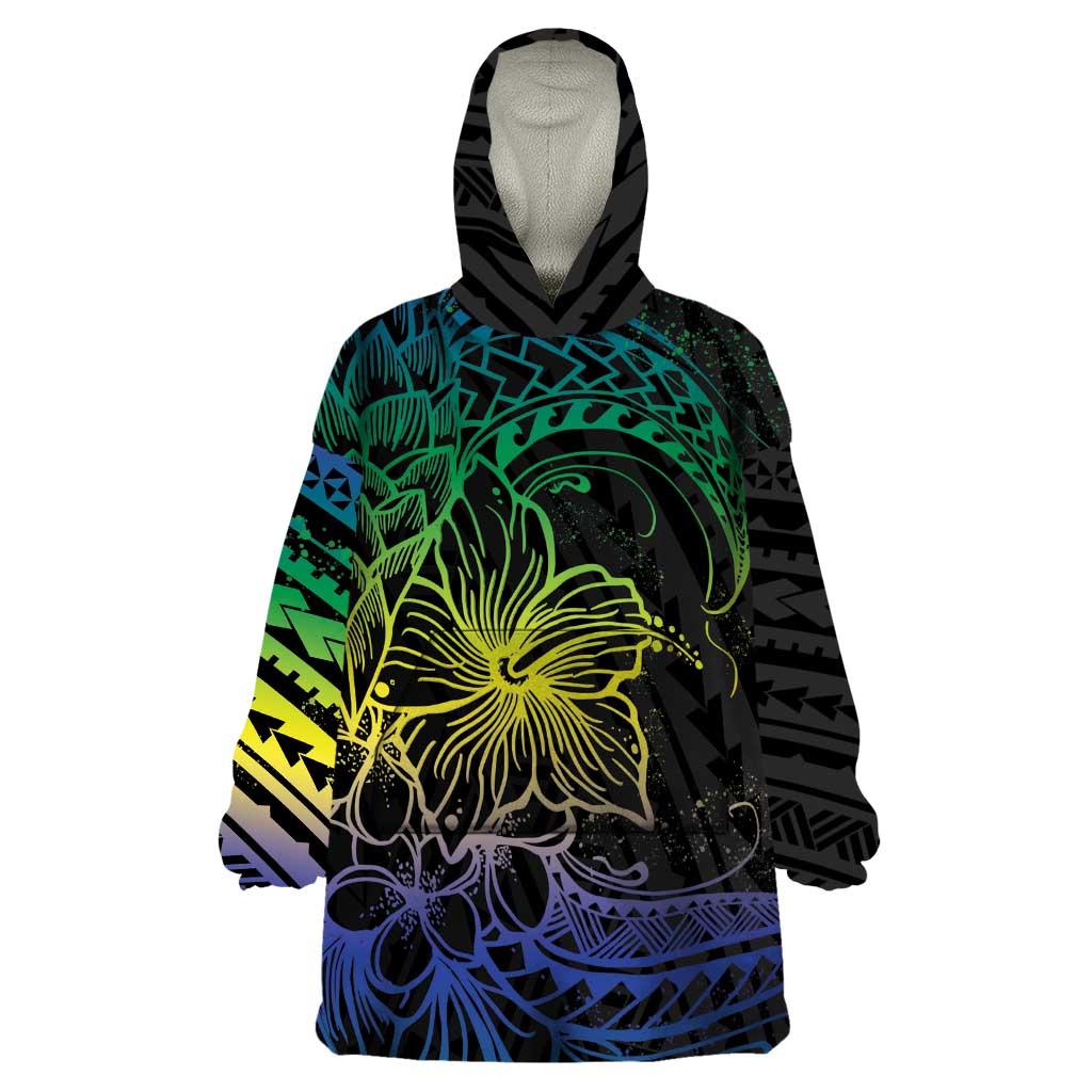 Floral Polynesian Hibiscus Tattoo Wearable Blanket Hoodie Green Gradient Style