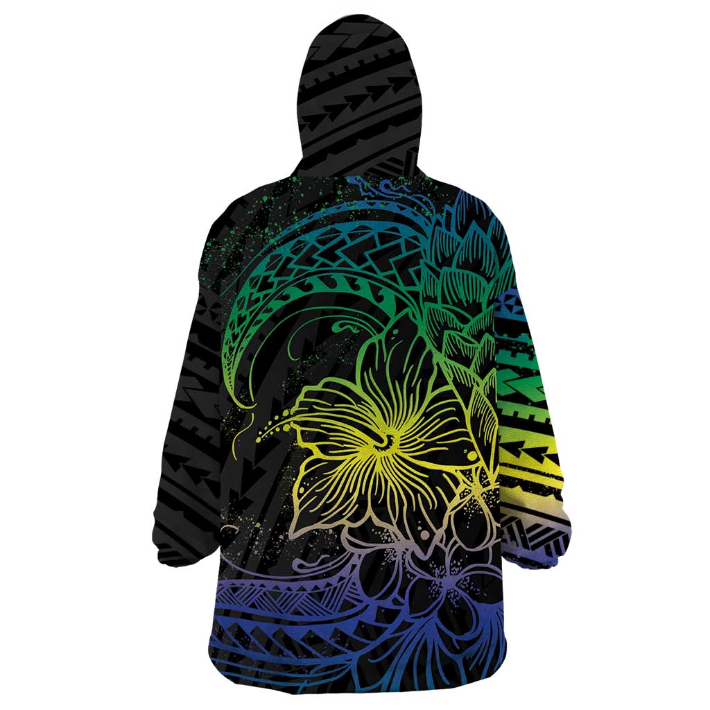 Floral Polynesian Hibiscus Tattoo Wearable Blanket Hoodie Green Gradient Style LT9 - Polynesian Pride