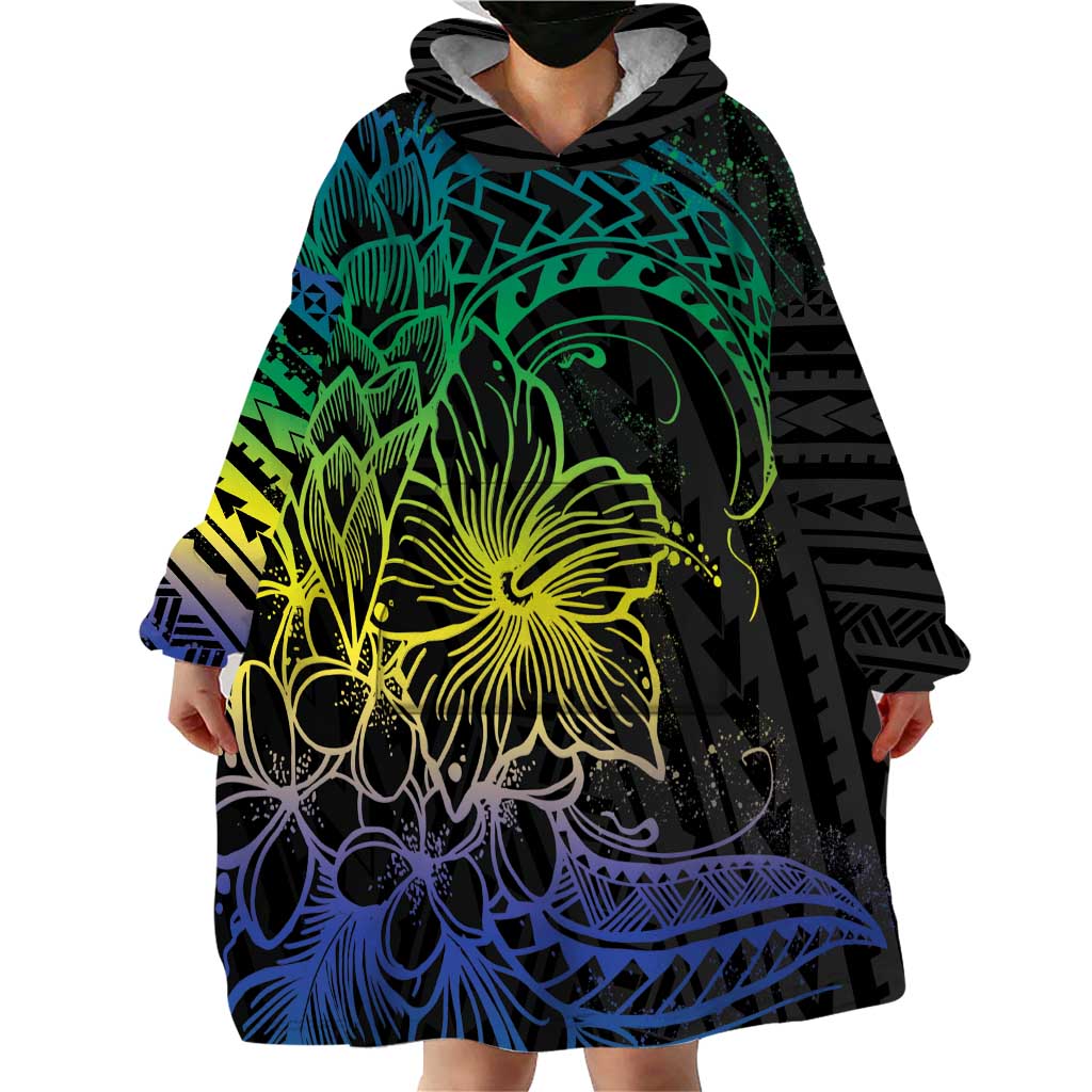 Floral Polynesian Hibiscus Tattoo Wearable Blanket Hoodie Green Gradient Style LT9 - Polynesian Pride