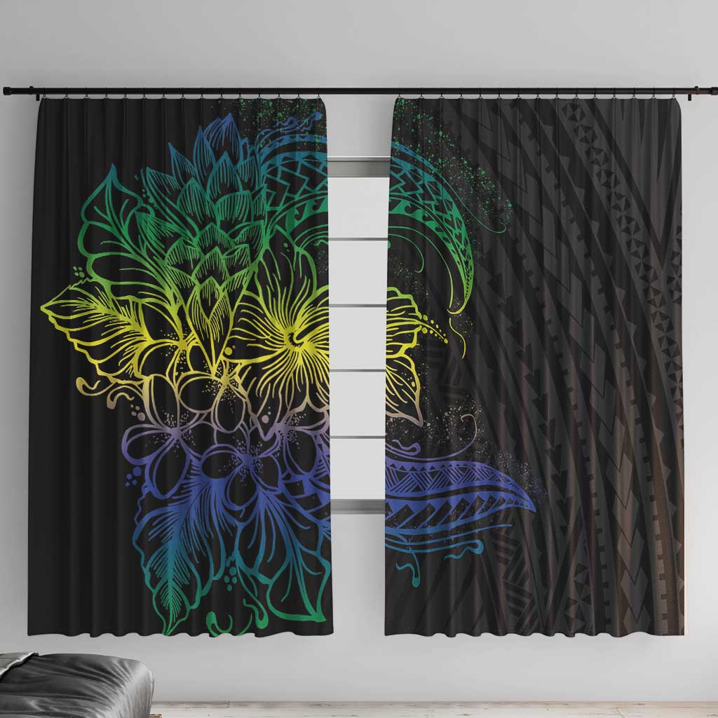 Floral Polynesian Hibiscus Tattoo Window Curtain Green Gradient Style