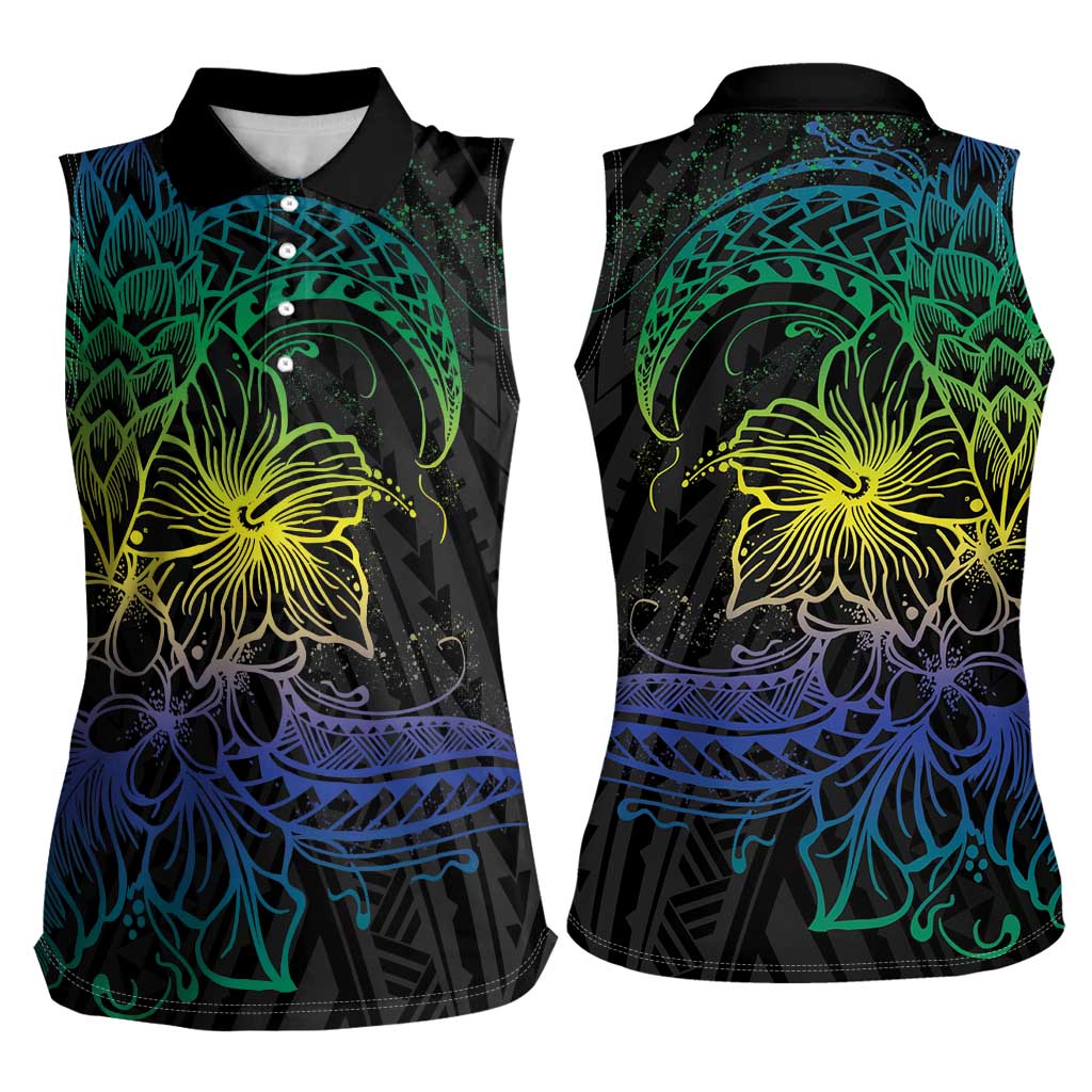 Floral Polynesian Hibiscus Tattoo Women Sleeveless Polo Shirt Green Gradient Style LT9 - Polynesian Pride