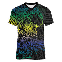 Floral Polynesian Hibiscus Tattoo Women V-Neck T-Shirt Green Gradient Style LT9 Female Green - Polynesian Pride