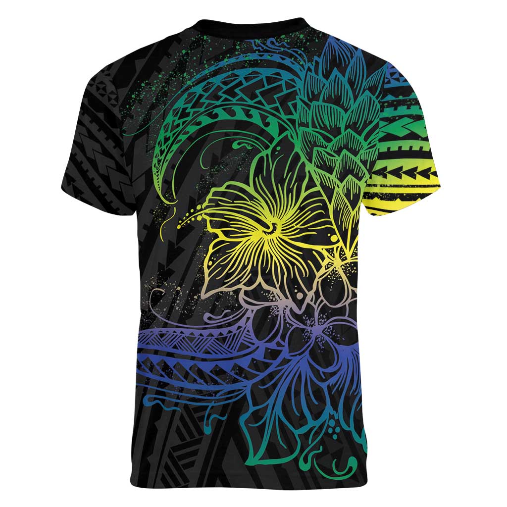 Floral Polynesian Hibiscus Tattoo Women V-Neck T-Shirt Green Gradient Style LT9 - Polynesian Pride
