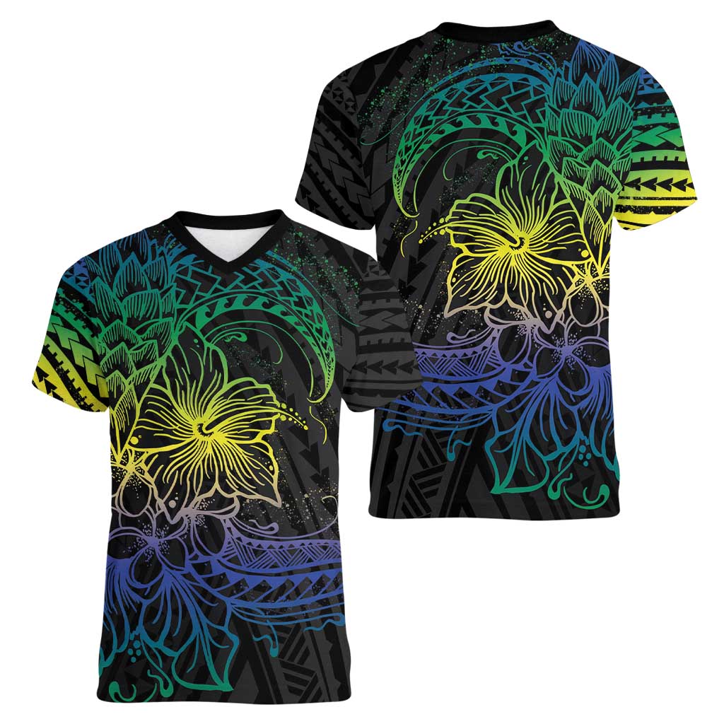 Floral Polynesian Hibiscus Tattoo Women V-Neck T-Shirt Green Gradient Style LT9 - Polynesian Pride