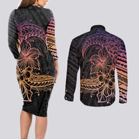 Floral Polynesian Hibiscus Tattoo Couples Matching Long Sleeve Bodycon Dress and Long Sleeve Button Shirt Peach Gradient Style LT9 - Polynesian Pride
