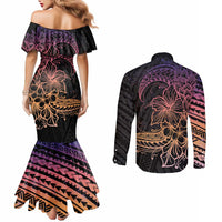 Floral Polynesian Hibiscus Tattoo Couples Matching Mermaid Dress and Long Sleeve Button Shirt Peach Gradient Style LT9 - Polynesian Pride