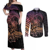 Floral Polynesian Hibiscus Tattoo Couples Matching Off Shoulder Maxi Dress and Long Sleeve Button Shirt Peach Gradient Style LT9 Peach - Polynesian Pride