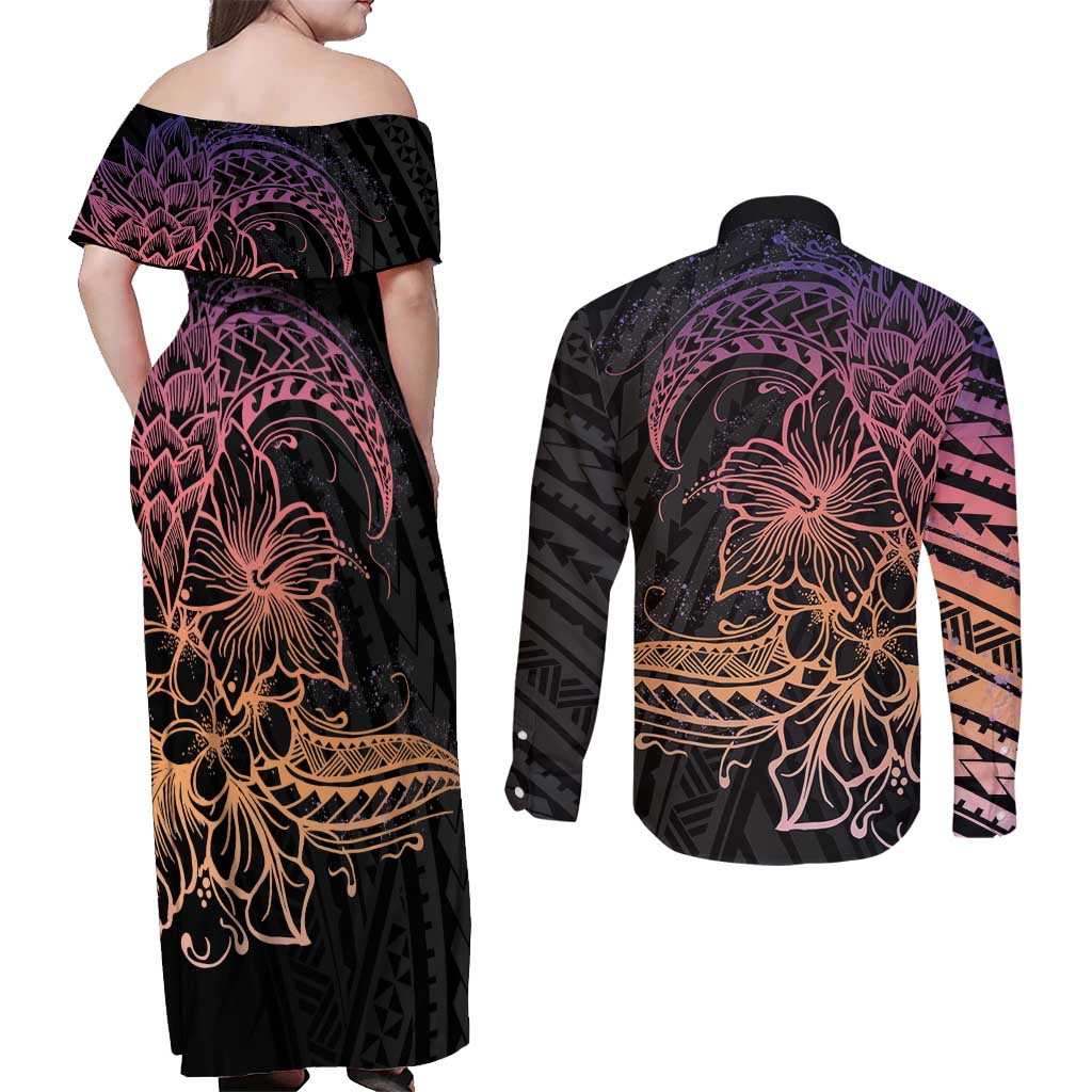 Floral Polynesian Hibiscus Tattoo Couples Matching Off Shoulder Maxi Dress and Long Sleeve Button Shirt Peach Gradient Style LT9 - Polynesian Pride