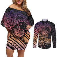 Floral Polynesian Hibiscus Tattoo Couples Matching Off Shoulder Short Dress and Long Sleeve Button Shirt Peach Gradient Style LT9 Peach - Polynesian Pride