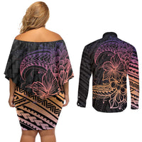 Floral Polynesian Hibiscus Tattoo Couples Matching Off Shoulder Short Dress and Long Sleeve Button Shirt Peach Gradient Style LT9 - Polynesian Pride