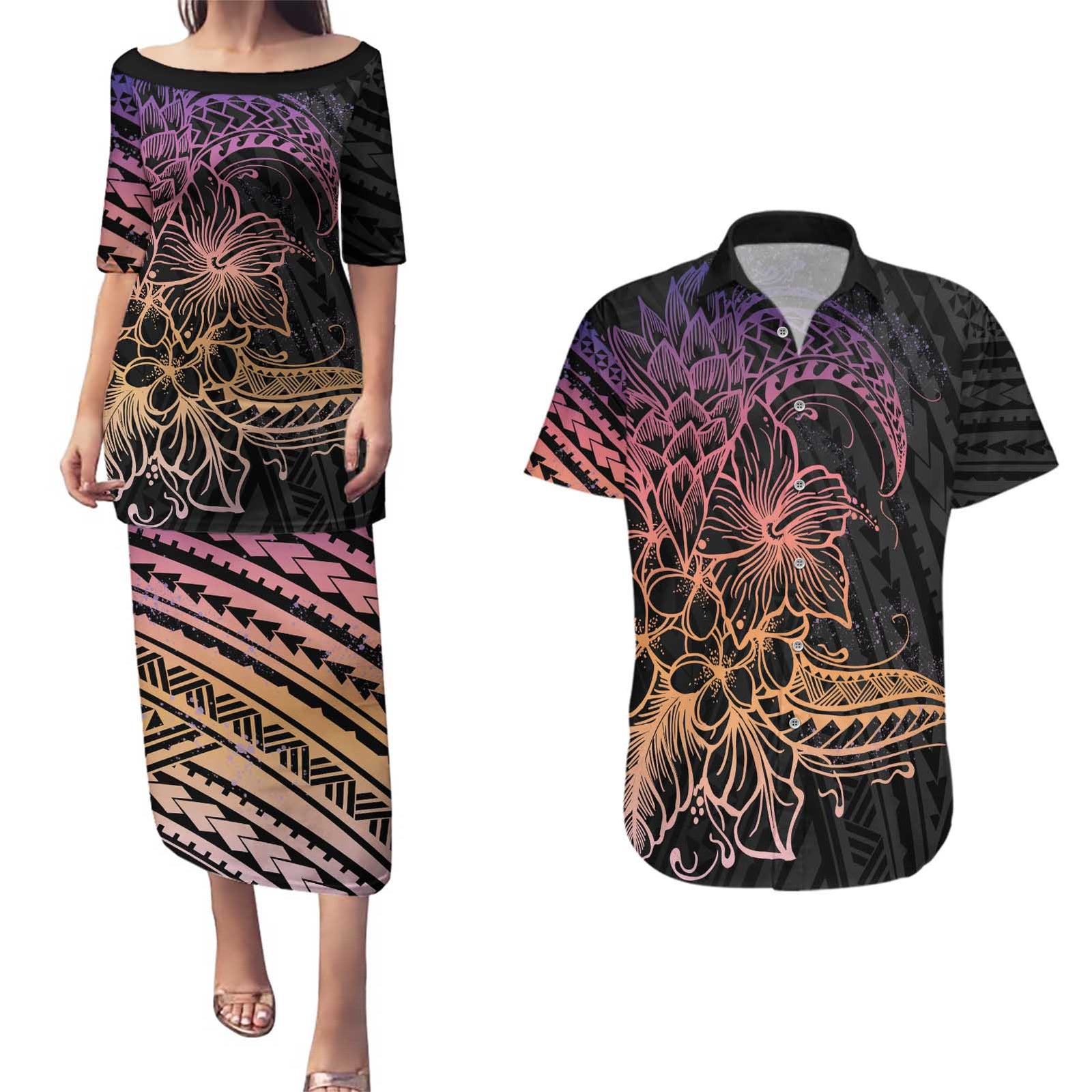 Floral Polynesian Hibiscus Tattoo Couples Matching Puletasi and Hawaiian Shirt Peach Gradient Style LT9 Peach - Polynesian Pride