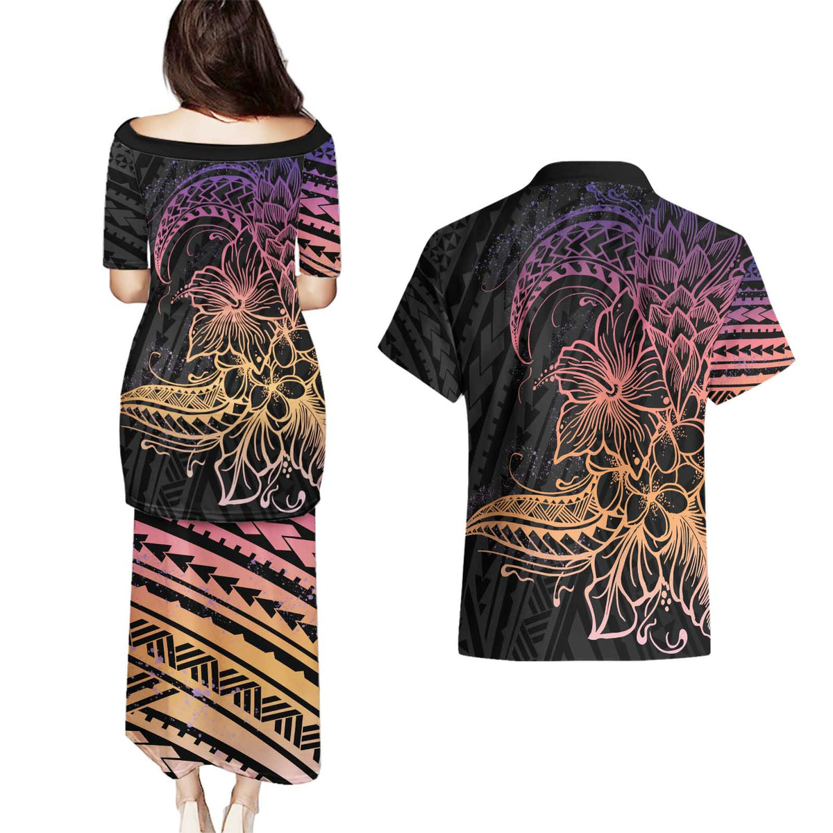 Floral Polynesian Hibiscus Tattoo Couples Matching Puletasi and Hawaiian Shirt Peach Gradient Style LT9 - Polynesian Pride