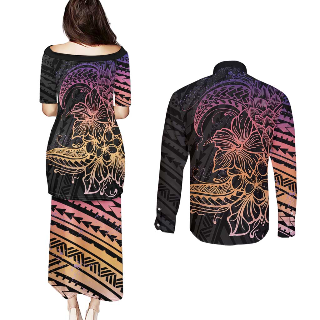 Floral Polynesian Hibiscus Tattoo Couples Matching Puletasi and Long Sleeve Button Shirt Peach Gradient Style LT9 - Polynesian Pride