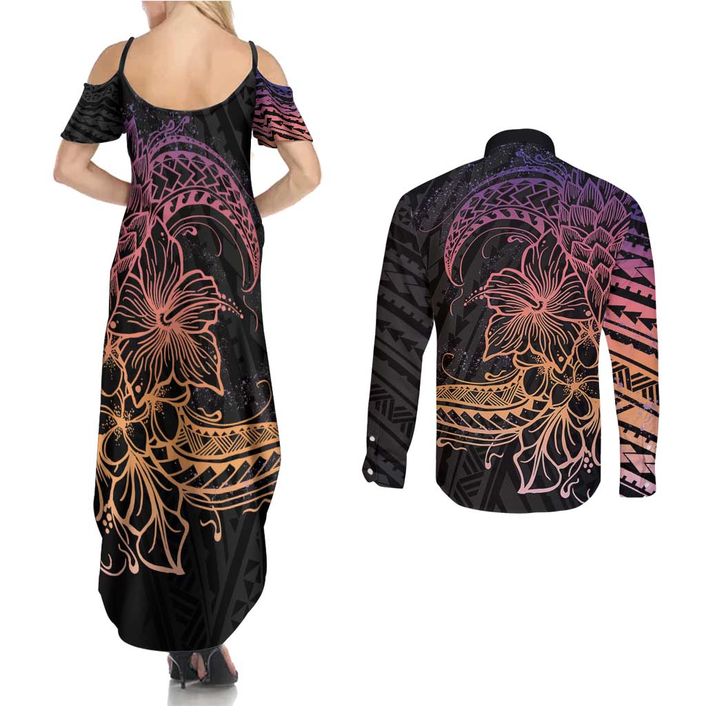 Floral Polynesian Hibiscus Tattoo Couples Matching Summer Maxi Dress and Long Sleeve Button Shirt Peach Gradient Style LT9 - Polynesian Pride