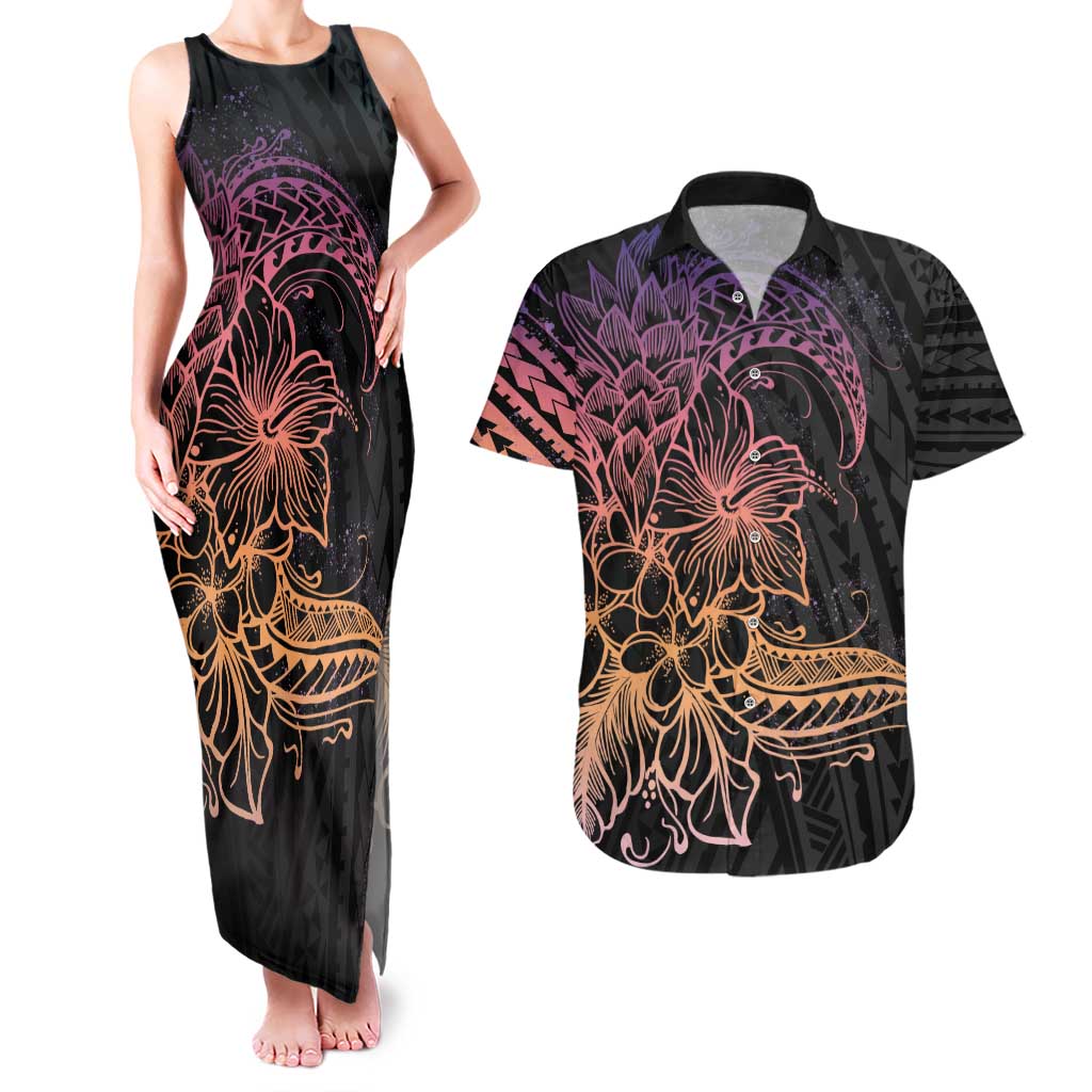 Floral Polynesian Hibiscus Tattoo Couples Matching Tank Maxi Dress and Hawaiian Shirt Peach Gradient Style LT9 Peach - Polynesian Pride