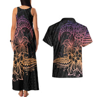 Floral Polynesian Hibiscus Tattoo Couples Matching Tank Maxi Dress and Hawaiian Shirt Peach Gradient Style LT9 - Polynesian Pride