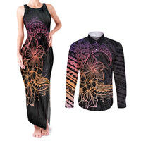 Floral Polynesian Hibiscus Tattoo Couples Matching Tank Maxi Dress and Long Sleeve Button Shirt Peach Gradient Style LT9 Peach - Polynesian Pride